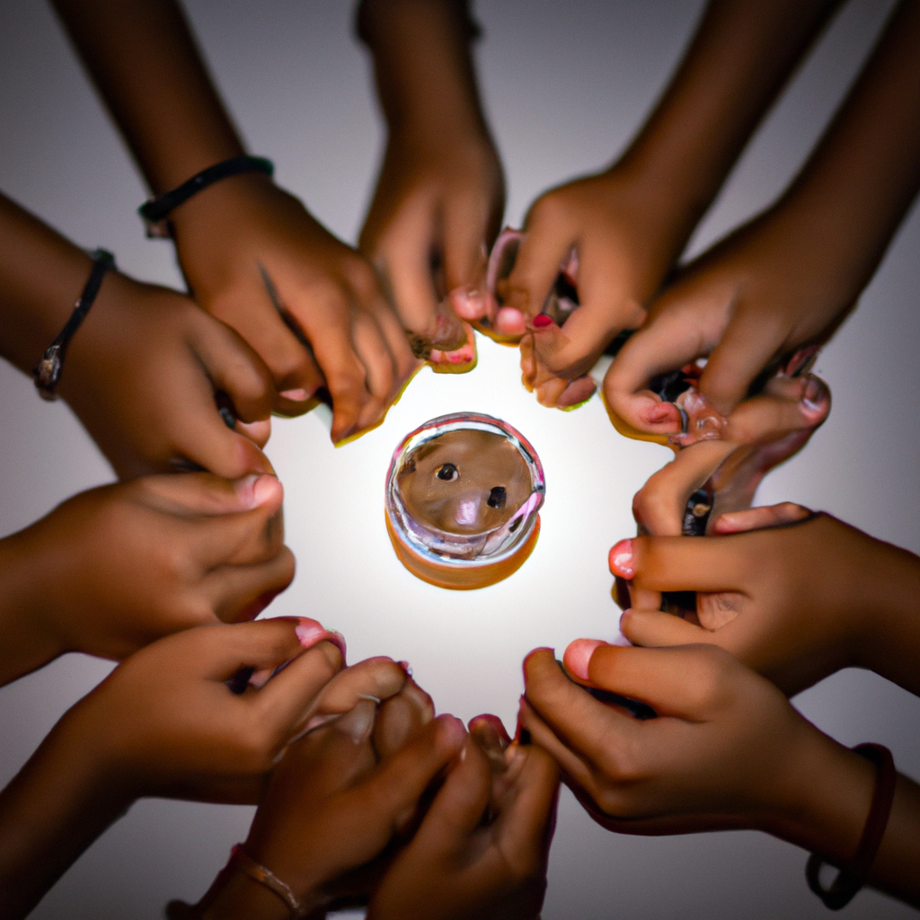 Cercle de communauté, mains tenant des objets en argile, ambiance chaleureuse